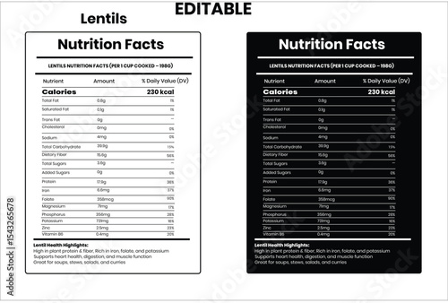 Lentils, nutrition facts, nutrition, nutrition label, calories in food, nutrition info, supplement facts, vector template