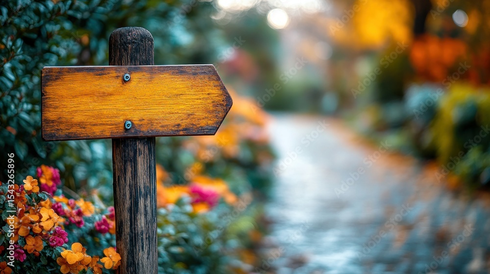 Fototapeta premium Rustic wooden arrow sign points down a fall garden path