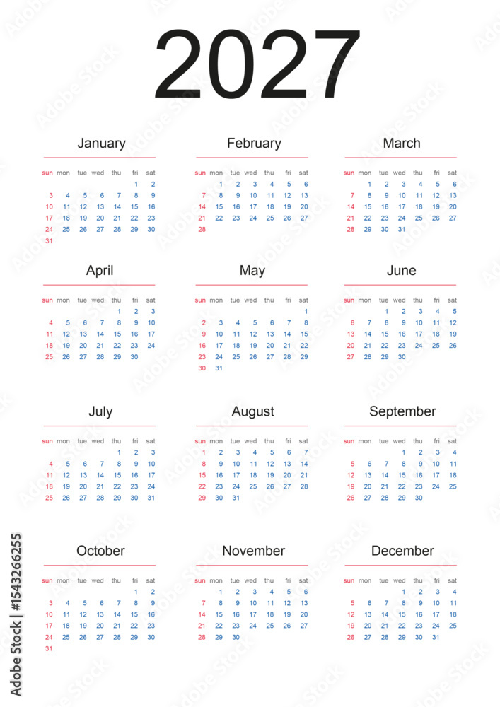 Calendar 2027 week start Sunday vector template for corporate design set stationery. Desk calendar cover 2027 year minimalistic design in portrait orientation. Fully editable. Calendar 2027 week start Sunday vector template for corporate design set stationery. Desk calendar cover 2027 year minimalistic design in portrait orientation. Fully editable.