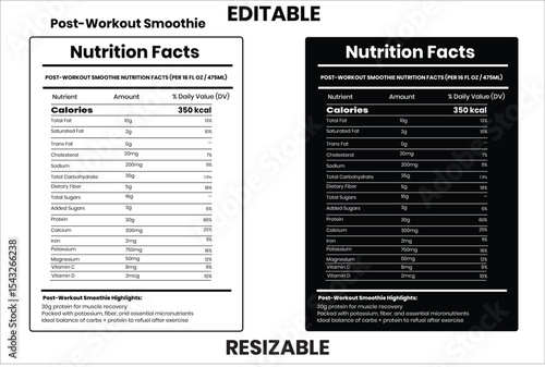 Post-Workout Smoothie, nutrition facts, nutrition, nutrition label, calories in food, nutrition info, supplement facts, vector template