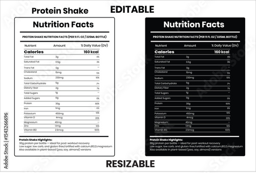 Protein Shake, nutrition facts, nutrition, nutrition label, calories in food, nutrition info, supplement facts, vector template