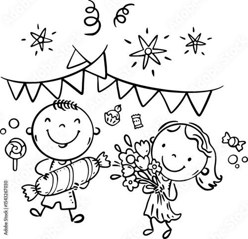 Kids and party things. Black and white clipart