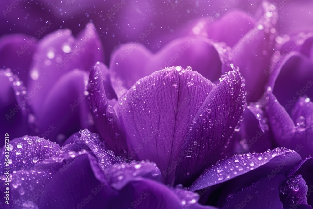 Fototapeta premium Close-up of vibrant purple petals glistening with morning dew, showcasing exquisite floral detail.