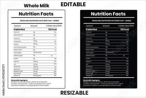 Whole Milk, nutrition facts, nutrition, nutrition label, calories in food, nutrition info, supplement facts, vector template