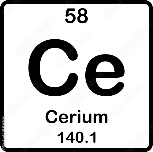 Chemical element of periodic table. Cerium or Ce.