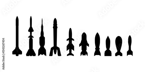 Black missile icon collection. Combat rocket weapons. Set of weapon and rocket symbol. Missile silhouette collection. Vector eps 