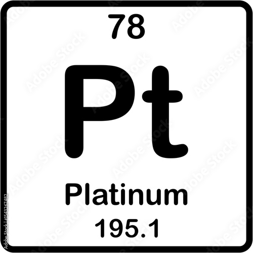 Chemical element of periodic table. Platinum or Pt.
