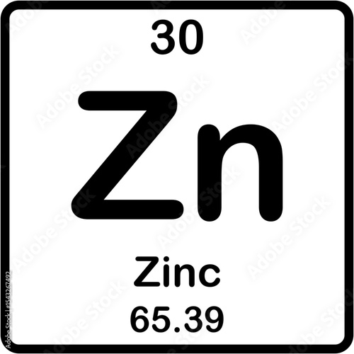 Chemical element of periodic table. Zinc or Zn.