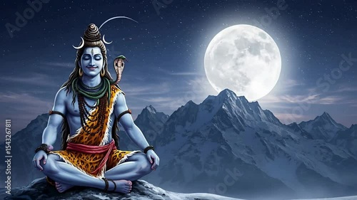 Loard shiva hindu god, meditating on mountain top, crescent moon in night sky, dramatic lighting, detailed clouds, majestic mountains, cinematic composition, highly detailed digital painting