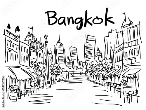 bangkok thailand city street view hand drawn illustration