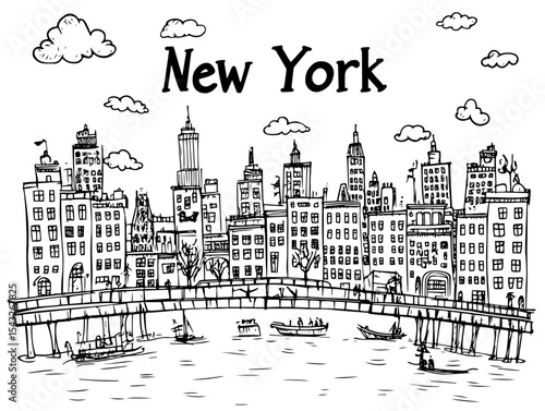 new york city skyline with river hand drawn sketch