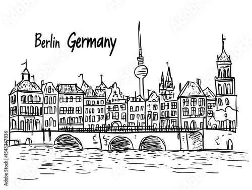 berlin germany tv tower skyline hand drawn line art