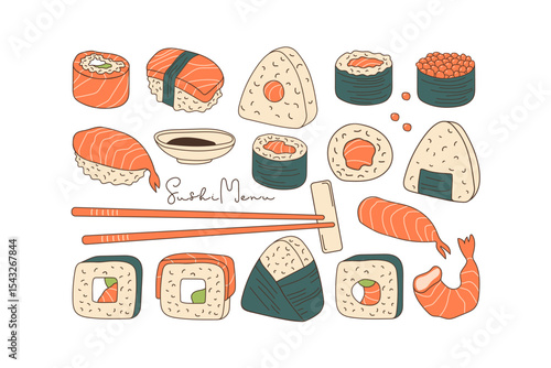 Japanese sushi rolls. Seafood fish, sushi, rolls with salmon, tuna, shrimp and caviar. Traditional asian cuisine. Sushi set, chopsticks. Vector linear sketch illustration For menu, recipe, cafe