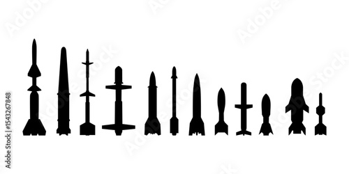 Black missile icon collection. Combat rocket weapons. Set of weapon and rocket symbol. Missile silhouette collection. Vector eps 