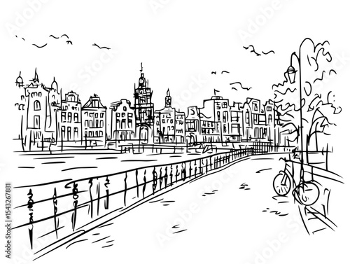amsterdam canal houses skyline with bike hand drawn