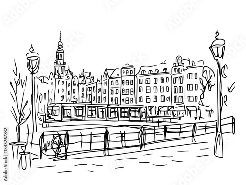 amsterdam bridge and canal houses hand drawn sketch