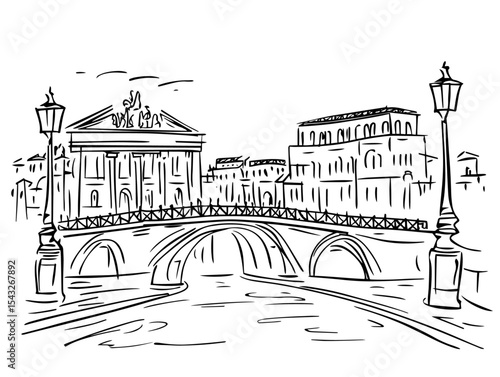 rome historic bridge and classical buildings hand drawn