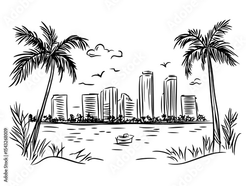 miami florida skyline with palms and sea hand drawn view