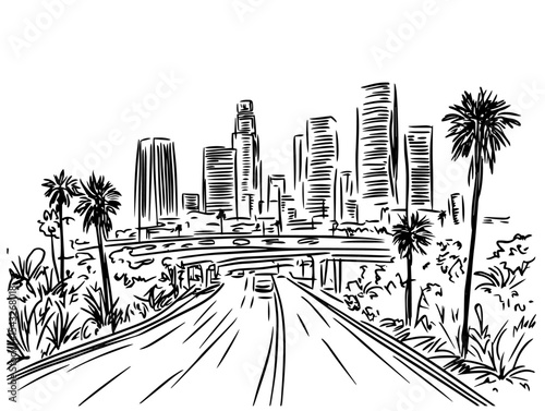 los angeles skyline with highway and palms hand drawn