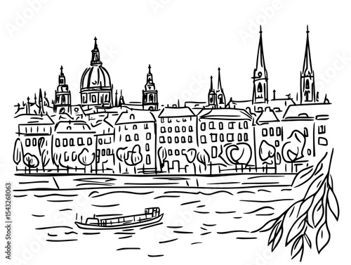 vienna austria skyline with river and domes hand drawn