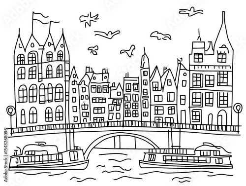amsterdam canal houses skyline hand drawn sketch