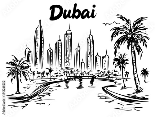 dubai skyline with palms and canal hand drawn vector