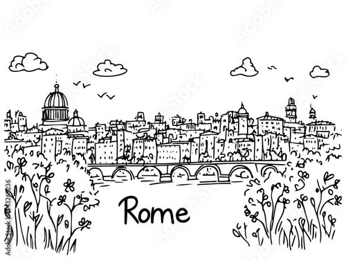 Canvas Print rome italy skyline with river and flowers hand drawn art