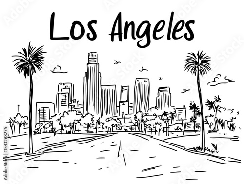 los angeles skyline with palms hand drawn street view