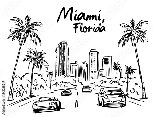 miami florida palm trees and road hand drawn illustration