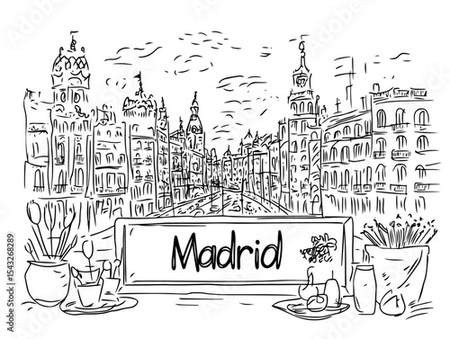 madrid spain skyline with table and drinks line art