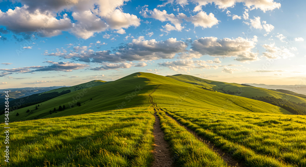 Fototapeta premium Rolling Green Hills Sunset Landscape Dirt Road Path Meadow Grassland Summer Day Sky Clouds rolling hills