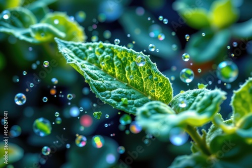 artistic visualization of stevia leaf particles suppressing blood sugar spikes, glowing green and blue hues, surreal health art.