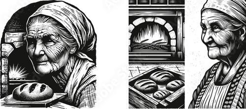 Elderly woman baking bread in traditional wood oven vintage engraving style, detailed grain illustration print, rustic artisan bakery scene, handcrafted old-fashioned bread making art