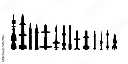 Black missile icon collection. Combat rocket weapons. Set of weapon and rocket symbol. Missile silhouette collection. Vector eps 