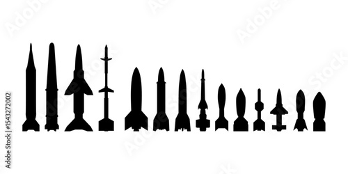 Black missile icon collection. Combat rocket weapons. Set of weapon and rocket symbol. Missile silhouette collection. Vector eps 