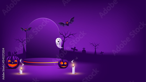 Purple Halloween background with pumpkins, bats, a ghost, and candles. Perfect for spookythemed designs, greeting cards, invitations, and Halloween promotions.