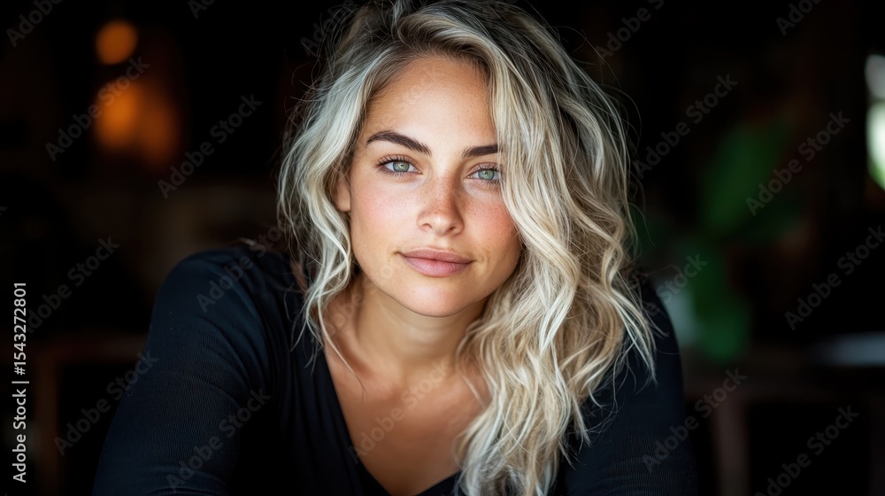 Fototapeta premium A captivating portrait of a woman with flowing blonde hair and striking hazel eyes, conveying a sense of warmth and approachability in a soft, ambient setting.