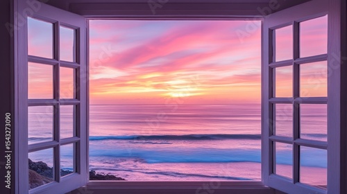 Sunset Seascape Viewed Through Open Window