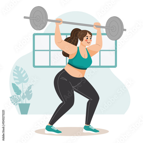 Plus-Size Woman Lifting Barbell – Body Positive Strength Training Illustration