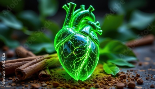 artistic heart glowing green surrounded by cinnamon bark and polyphenol particles reducing cholesterol.