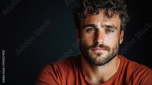 A close-up portrait of a serious young man with curly hair and a beard, captured in deep thought against a dark backdrop, reflecting introspection and strength.