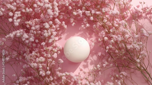 Delicate pastel pink baby breath flowers surrounding a smooth sphere creating an elegant studio still life