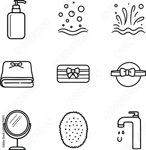 Black-and-White Vector Icons of Bath and Body Essentials – A 3x3 Grid Featuring Personal Care and Gift Items