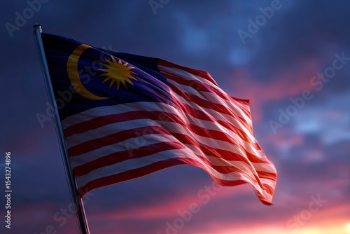 A Malaysian flag waving against a dramatic dusky sky at sunset