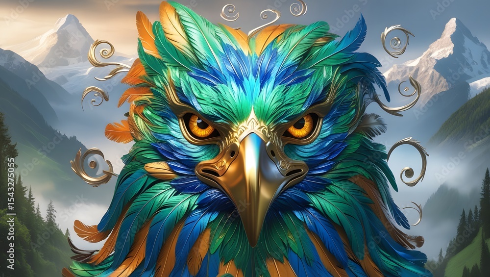 Mystical Hawk Portrait with Intense Gaze and Vibrant Feathers Mystical Hawk Portrait with Intense Gaze and Vibrant Feathers