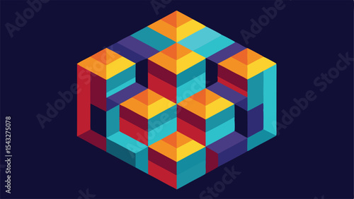 Abstract isometric cube geometric design with vibrant colorful cubes on transparent background