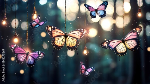 A group of butterflies in various colors fly around a forest of light bulbs.