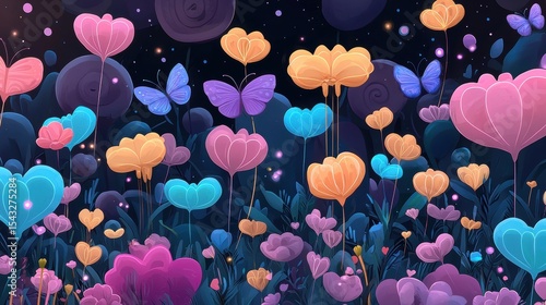 A whimsical garden scene with floating flowers and butterflies.