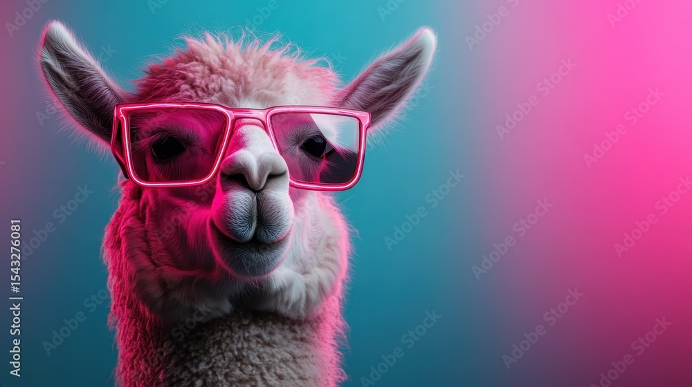 Obraz premium A fashionable llama sports trendy pink glasses, posing playfully against a vibrant blue and pink backdrop, exuding charm and humor in a fun and quirky way.