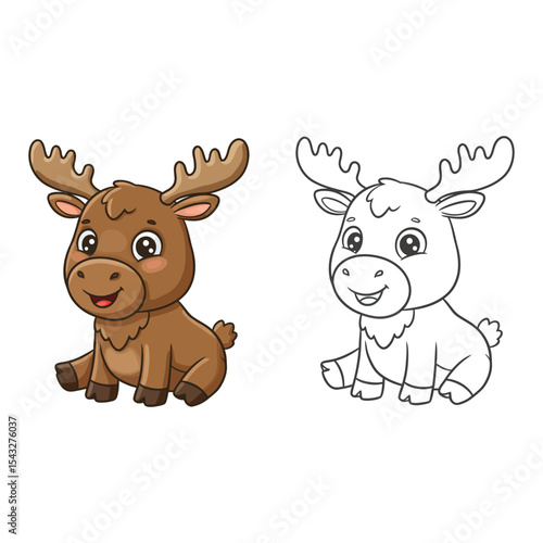 "Cartoon Moose Illustration in Color and Outline – Cute Woodland Animal Drawing for Kids and Coloring Activities"
